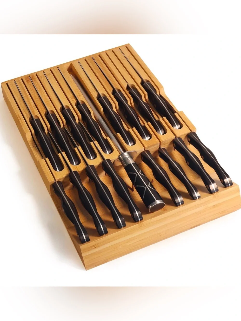 Noble Home & Chef Bamboo Knife Drawer Organizer Holds 16 Knives 17” x 11.25”